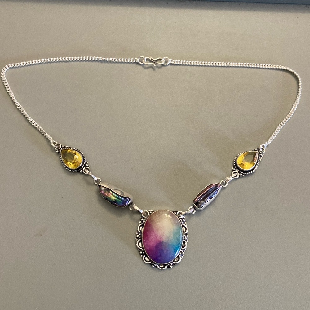 925 sterling silver overlay citrine black pearl Rainbow solar quartz necklace - Picture 12 of 15